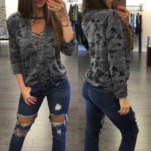 Sexy lace-up Camo shirt. Cut outs. Front ties
